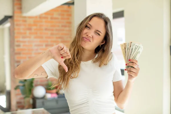 Pretty Woman Feeling Cross Showing Thumbs Dollar Banknotes Concept — Foto Stock