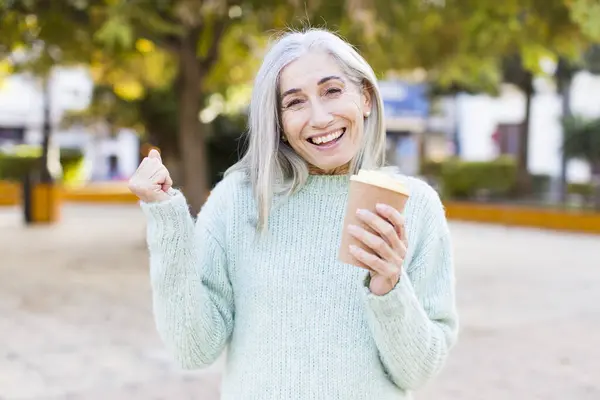 Pretty Senior Woman Feeling Shocked Laughing Celebrating Success Take Away — Stock Photo, Image