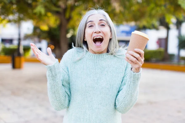 Pretty Senior Woman Feeling Happy Astonished Something Unbelievable Take Away — Stock Photo, Image