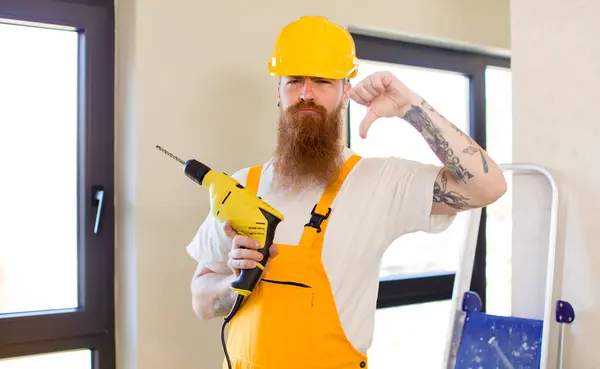 Red Hair Man Feeling Cross Showing Thumbs Repairing Home Handyman — Stock Photo, Image