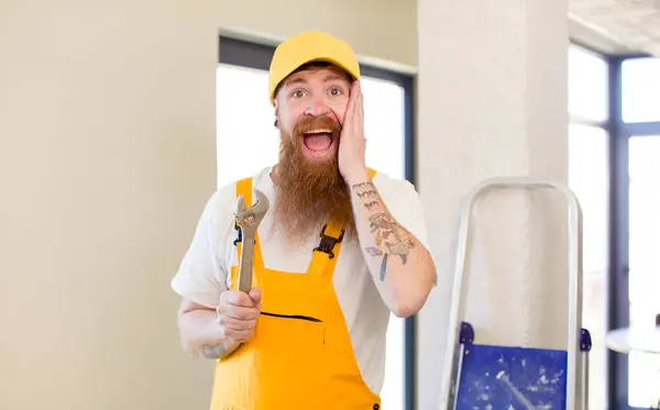 Red Hair Man Feeling Happy Astonished Something Unbelievable Repairing Home — Stock Photo, Image