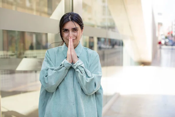 Pretty Woman Feeling Worried Hopeful Religious Praying Faithfully Palms Pressed — Stock Photo, Image