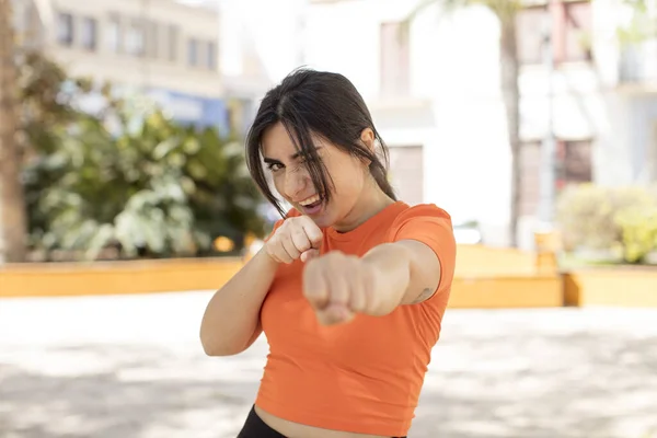 Pretty Woman Looking Confident Angry Strong Aggressive Fists Ready Fight — Stock Photo, Image
