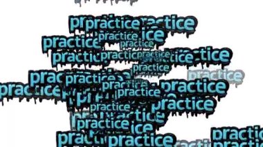 Animasyon videosu beyaz arka planda PRACTICE sözleriyle dağınık