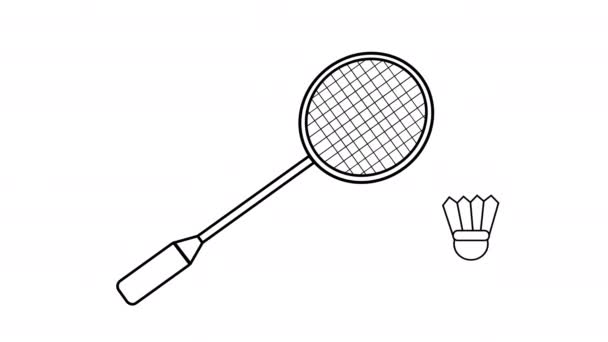 Svart Och Vitt Animerad Skiss Rörlig Badminton Racket Och Shuttlecock — Stockvideo
