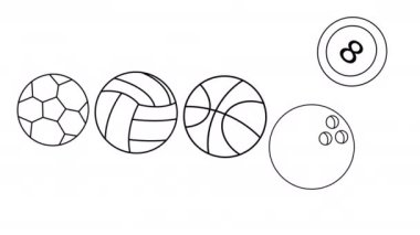Animasyon çizimleri futbol topları, basketbol topları, voleybol topları ve bowling topları
