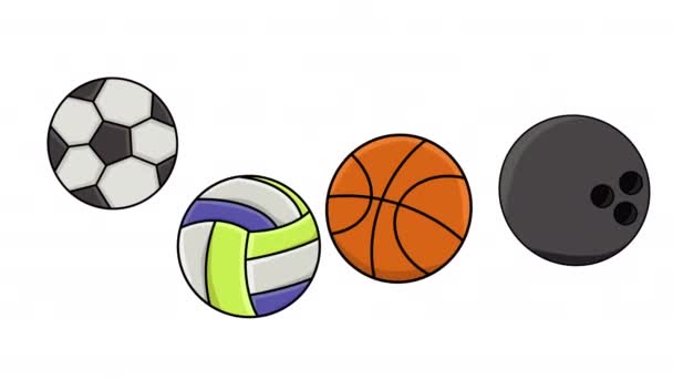 Animatie Van Voetbal Basketbal Volleybal Bowlingbal — Stockvideo