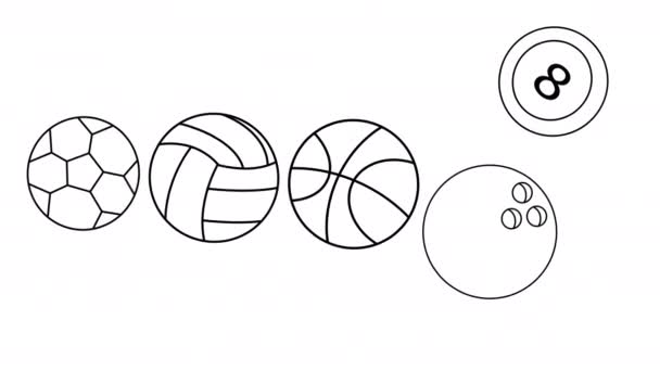 Анимированные Эскизы Футбольных Мячей Баскетбольных Мячей Волейболов Шаров Боулинга — стоковое видео