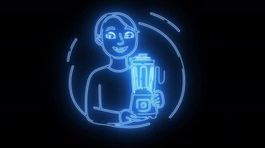 Parlak neon efektli blender tutan bir kadın simgesi