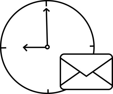 Duvar saati simgesi ve mesaj simgesi beyaz arkaplan. Siyah çizgileri var.