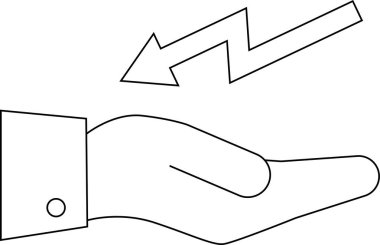 Beyaz arka planda siyah çizgileri olan bir ok simgesi taşıyan el simgesi.