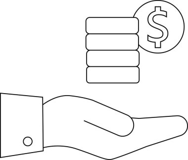 Beyaz arkaplan ve siyah çizgileri olan bir yığın bozuk para ikonu taşıyan bir elin simgesi.