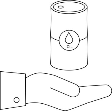 Yağ varili simgesi taşıyan el simgesi. Siyah çizgileri olan beyaz arkaplan.