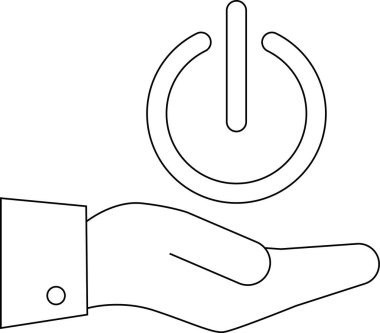 Beyaz arkaplanı olan güç simgesi taşıyan el simgesi. Siyah çizgileri olan.