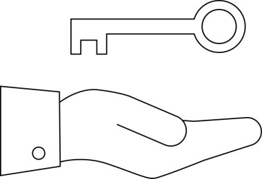 Beyaz arkaplanı olan bir anahtar simgesi taşıyan el simgesi. Siyah çizgileri olan.