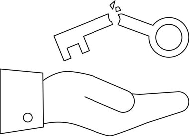 Kırık anahtar simgesini taşıyan bir elin simgesi. Siyah çizgileri olan beyaz bir arka plan.