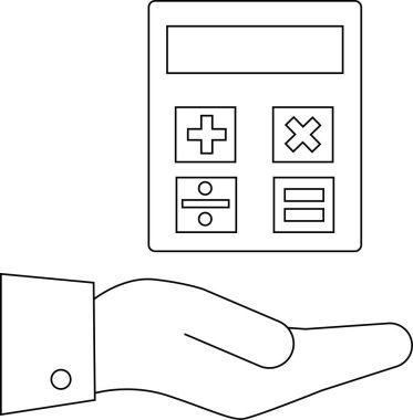 Hesap makinesi simgesi taşıyan el simgesi. Siyah çizgileri olan beyaz bir arkaplan.