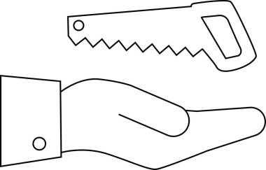 Beyaz arkaplanı olan bir testere simgesi taşıyan el simgesi. Siyah çizgileri olan.