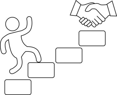 Bir kişinin merdivenleri tırmanması ve beyaz arkaplan ile el sıkışması ikonu. Siyah çizgiler.