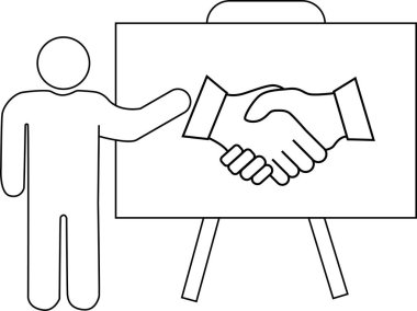 Gemide sunulan kişi ikonu ve beyaz arkaplan ile el sıkışma ikonu. Siyah çizgiler.