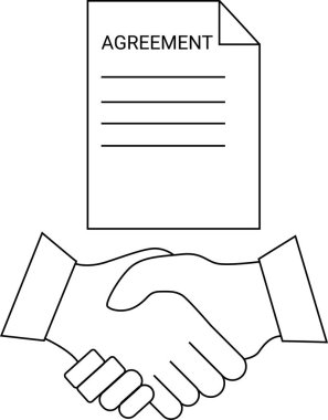 Beyaz arkaplanda siyah çizgileri olan el sıkışma ve anlaşma kağıt ikonu.