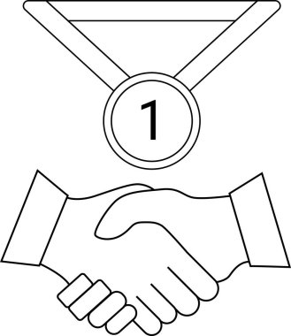 Beyaz arkaplanda siyah çizgileri olan el sıkışma ikonu ve madalya kolyesi ikonu.