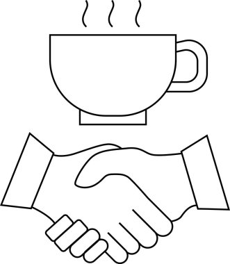 Beyaz arkaplanda siyah çizgili el sıkışma ikonu ve kahve bardağı simgesi.