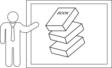 Siyah çizgileri olan sunucu kişi simgesi ve kitap yığını simgesi taslağı.