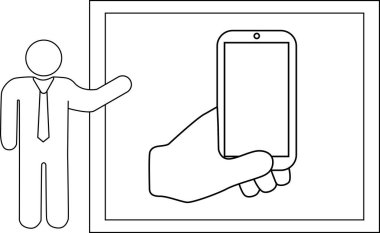 Siyah çizgileri olan akıllı telefon tutan sunucu simgesi ve el simgesi çizimi