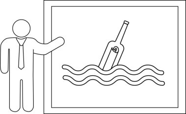 Denizde sunucu simgesi ve şişe harfi simgesi çizimi. Siyah çizgileri var.