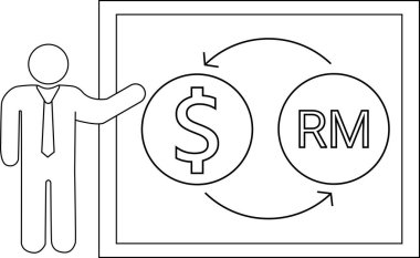 Dolar sikkelerini siyah çizgileri olan Malezya Ringgit sikkelerine dönüştüren sunucu kişi ikonu ve simgesi.
