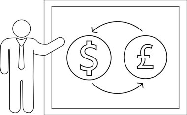 Sunucu kişi simgesi ve simge çizimi dolar sikkesini siyah çizgileri olan sterlin sikkeye dönüştürdü.