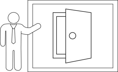 Sunucu kişi simgesi çizimi ve siyah çizgileri olan açık kapı simgesi.