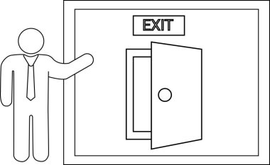 Sunucu kişi simgesi çizimi ve siyah çizgileri olan çıkış kapısı simgesi.