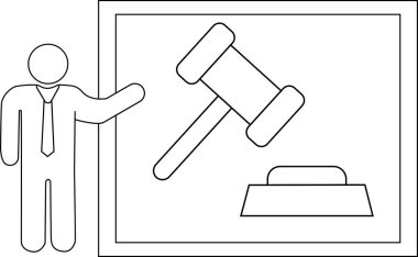 Sunucu kişi simgesi ve hakimin siyah çizgileri olan tokmak simgesi.