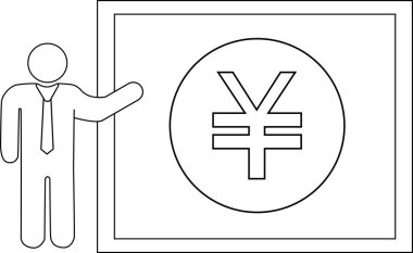 Siyah çizgileri olan sunucu kişi simgesi ve yen para simgesi çizimi.
