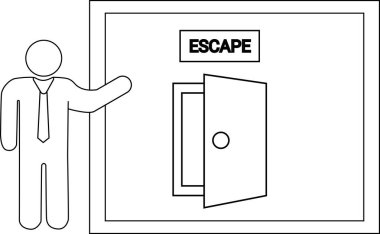 Sunucu kişi simgesi çizimi ve siyah çizgileri olan kaçış kapısı simgesi.