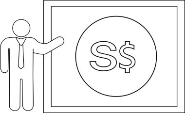 Siyah çizgileri olan sunucu kişi ikonu ve Singapur dolar ikonu.