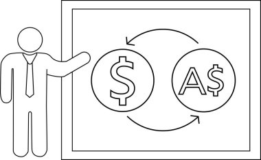 Sunucu kişi simgesinin taslağı ve dolar simgesini ve Avustralya dolar simgesini siyah çizgilerle dönüştür.