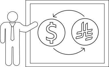 Sunucu kişi ikonu ve dolar para ikonu ve Arap riyal sikkesi çizimi. Siyah çizgileri olan.