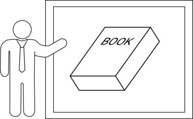 Siyah çizgileri olan sunucu kişi simgesi ve kitap simgesi çizimi.