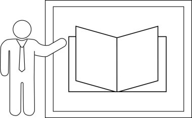 Sunucu kişi simgesi çizimi ve siyah çizgileri olan açık kitap simgesi.