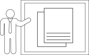 Sunucu kişi simgesi çizimi ve siyah çizgileri olan 2 sayfa kağıt simgesi.