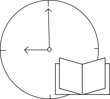 duvar saati simgesi çizimi ve siyah çizgileri olan açık kitap simgesi.