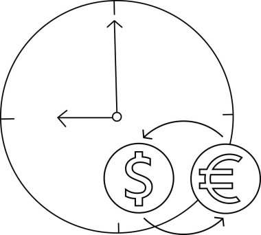 Siyah çizgileri olan bir duvar saati simgesi ve Euro bozuk para dönüştürme simgesi.