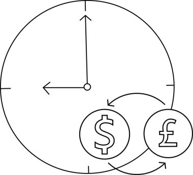 Siyah çizgileri olan duvar saati simgesi ve sterlin madeni para dönüştürme simgesi.