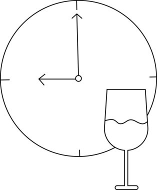 Siyah çizgileri olan duvar saati ikonu ve şarap kadehi ikonu.