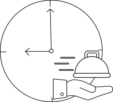 Duvar saati simgesi ve fast food kapağı simgesi ve siyah çizgileri olan palmiye resmi.