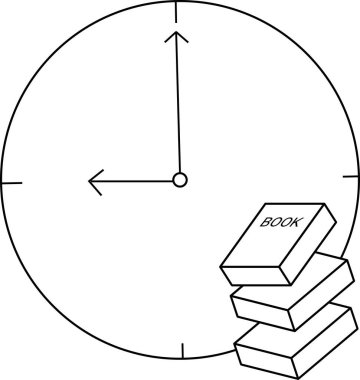 Siyah çizgileri olan duvar saati simgesi ve kitap yığınının taslağı.
