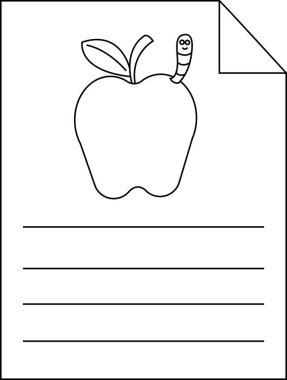Siyah çizgileri olan kağıt ikonu ve tırtıl elma ikonu çizimi.